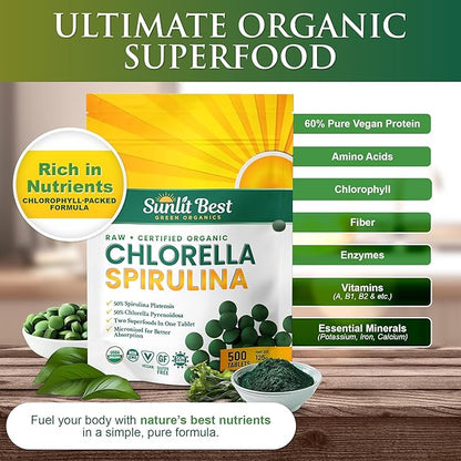 Sunlit Best Chlorella Spirulina Tablets - Organic USDA, Premium Spirulinas and Chlorella Capsules 500 Pills - Chlorellas Natural Superfood with Spirulina Algae, Enzymes Chlorophyll & Vegan Protein