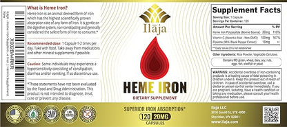 Heme Iron Deficiency Supplement for Women & Men (120 Capsules) – 20mg High Absorption, Clean Ingredients - Contains 111% of Iron DV per Capsule - 2-4 Month Supply