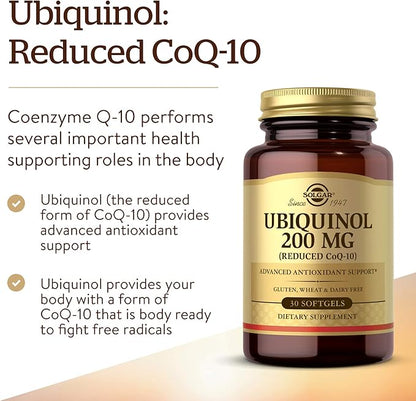 Solgar Ubiquinol 200 mg (Reduced CoQ-10), 30 Softgels - Promotes Heart & Brain Function - Supports Healthy Aging - Coenzyme Q10 - Ubiquinone Supplement - Gluten Free, Dairy Free - 30 Servings , Unflavoured, standard