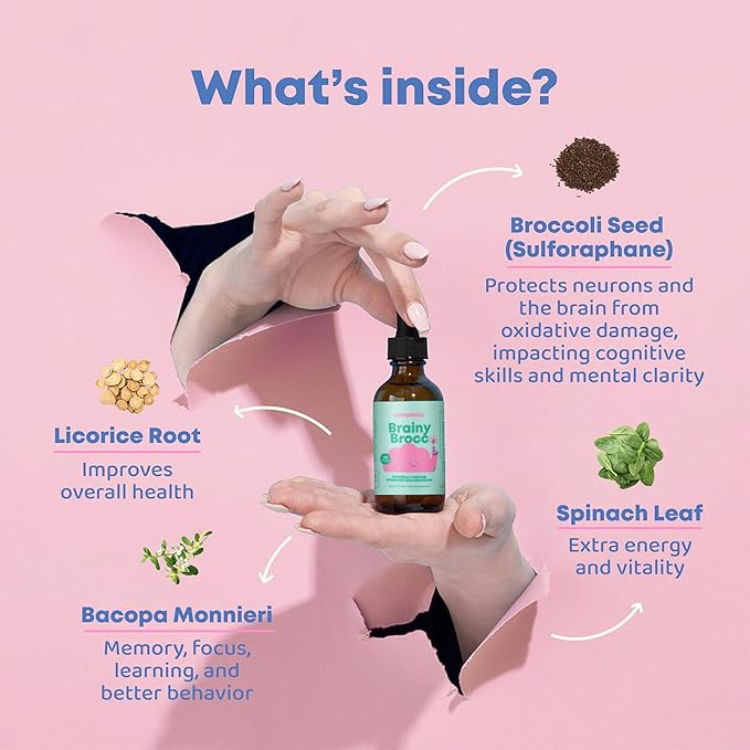 JoySpring Broccoli Supplement for Kids | Sulforaphane & Bacopa Monnieri Drops | Supports Cognitive Function | Vegan & Kid-Friendly