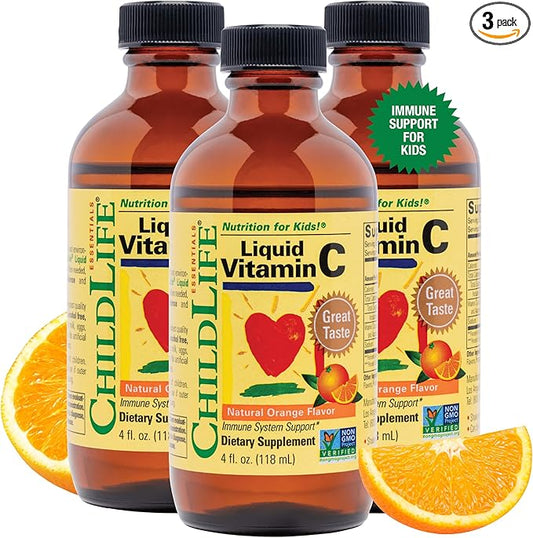 CHILDLIFE ESSENTIALS Liquid Vitamin C - Pure Vitamin C Liquid, Vitamin C for Kids, Liquid Supplement, Immune System Support, Great Taste - Natural Orange, 4 Fl Oz (Pack of 3)