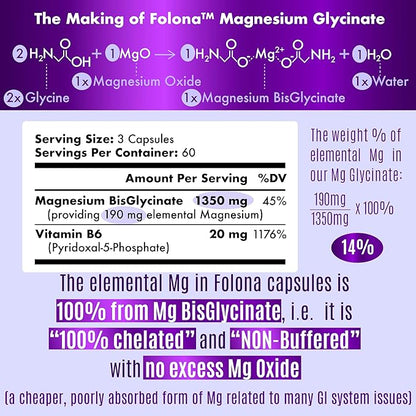 Magnesium Glycinate with Vitamin B6 Research Proven to Enhance Absorption, 1350mg Fully Chelated - Supports Sleep, Stress Relief, Energy, Muscle Cramps - Gluten Free, NonGMO, 180 Vegan Capsules
