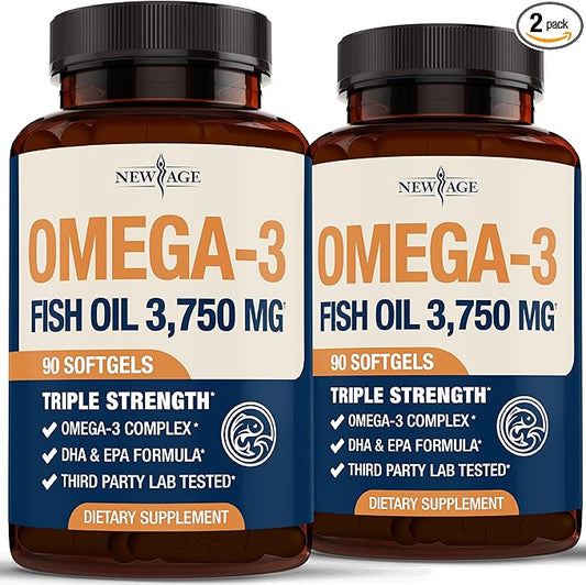 Triple Strength Omega 3 Fish Oil 3750 mg - EPA & DHA - Over 3000mg Omega-3 Fatty Acids - 1350mg EPA + 900mg DHA - Best Essential Fatty Acids, Burpless Fish Oil - 180 Count