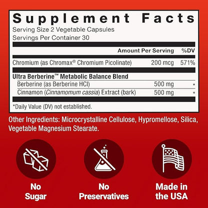 FORCE FACTOR Ultra Berberine, Berberine Supplement with 500mg Berberine HCl Plus Chromium & Cinnamon Bark Extract to Support Metabolism & Daily Wellness, Non-GMO, Gluten Free, 60 Vegetable Capsules