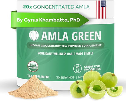 Amla Powder & Green Tea Superfood Supplement, 20x Ultra Concentrated Amla, Antioxidant Support, Made with Oolong Tea and Indian Gooseberries, Organic, Vegan, Classic Flavor, 30 Servings