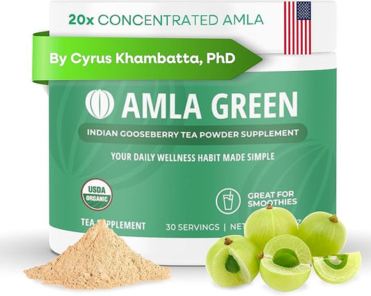 Amla Powder & Green Tea Superfood Supplement, 20x Ultra Concentrated Amla, Antioxidant Support, Made with Oolong Tea and Indian Gooseberries, Organic, Vegan, Classic Flavor, 30 Servings