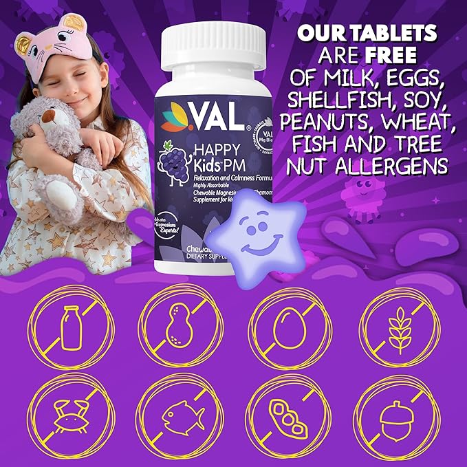 VAL Sugar-Free Calm Magnesium for Kids PM Chewable Tablets | Magnesium Glycinate, Citrate & Taurate | Chamomile & Vitamins B6 & C | Bedtime Support | Non-GMO | Grape Flavor | 60 Count