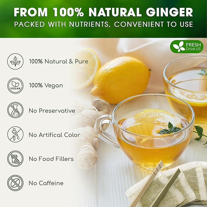 FRESHDRINKUS 55 Ginger Tea Bags, 100% Natural & Pure Herbal Tea, No Sugar, No Caffeine, No Gluten, Vegan