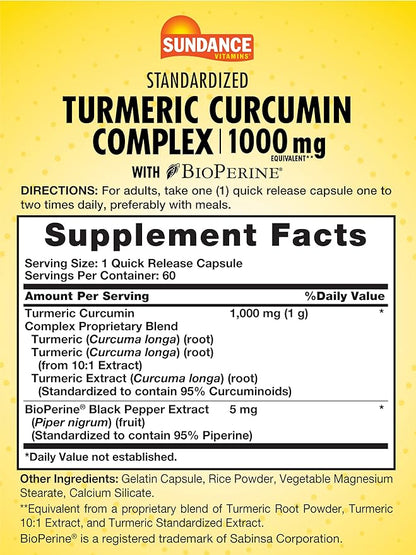 Sundance Turmeric Curcumin Complex 1000mg | 60 Capsules | with BioPerine | Non-GMO and Gluten Free Supplement