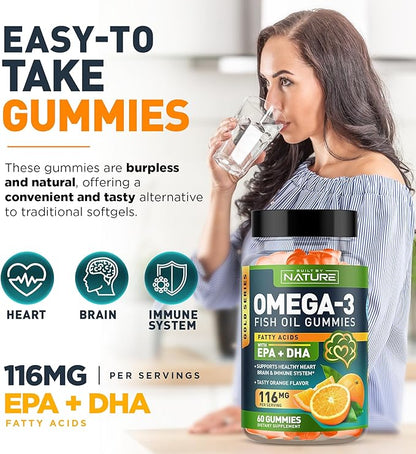 Omega 3 Fish Oil Gummies with EPA & DHA from Wild Fish - Triple Strength Omega 3 Fish Oil Gummy, Supports Healthy Heart, Brain & Immune System, Burpless & Natural - 60 Gummies, 30 Day Supply