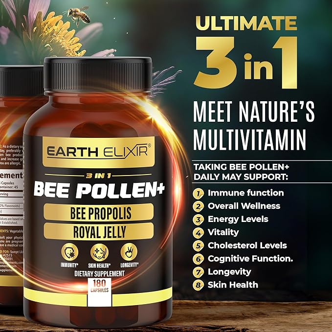 3-in-1 Bee Pollen Organic 840mg (180 Caps) W/ 840mg Bee Propolis Capsule & 840mg Royal Jelly Capsule - 3rd Party Tested - Bee Pollen Supplement - Organic Bee Pollen Capsule -No Fillers