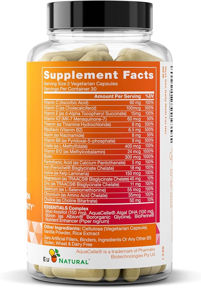 Next Gen Multivitamin for Women – 22 Optimized Vitamins for Immunity, Beauty, Brain, Energy, Bones and Heart – Vitamin C, D, E, K, Iron, B6 and DHA - 60 Vegetarian Soft Capsules (Packaging May Vary)