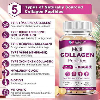 Multi Collagen Peptides Softgel for Women & Men - Type I, II, III, V, X - Hydrolyzed Collagen Peptides with Biotin, Vitamin C & Hyaluronic Acid - Support Skin Hair Nail & Joint - Non GMO, 120 Softgel