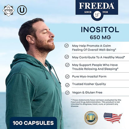 FREEDA Pure Inositol Capsules - Myo-Inositol for Hormonal Balance, Ovarian Function & Mood Support - Kosher, Vegetarian, Made in USA - 100 Count, 100-Day Supply - Supports Membrane Health