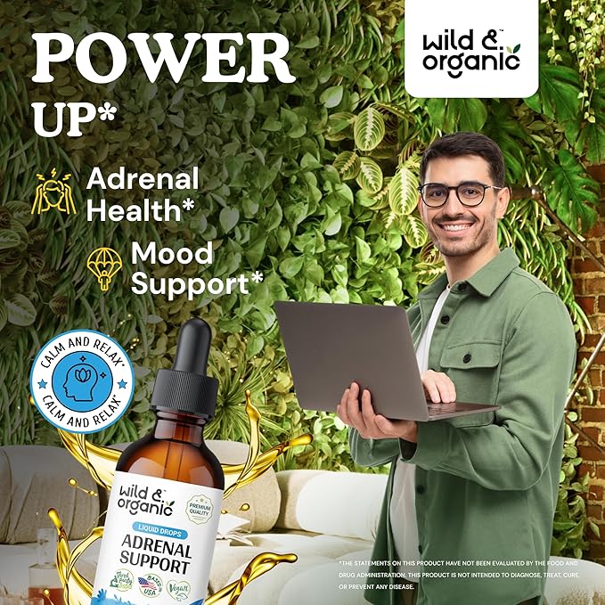Wild & Organic Adrenal Support Tincture for Positive Outlook - Adrenal Complex with Ashwagandha, Rhodiola Rosea Root - 1-Month Supply - Vegan, No Sugar & Alcohol - 2 fl oz