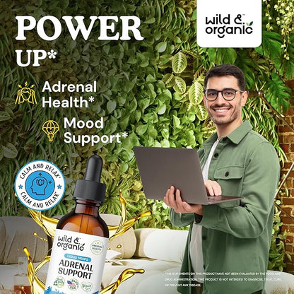 Wild & Organic Adrenal Support Tincture for Positive Outlook - Adrenal Complex with Ashwagandha, Rhodiola Rosea Root - 1-Month Supply - Vegan, No Sugar & Alcohol - 2 fl oz