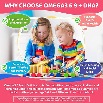 Omega 3 Gummies for Kids 4+, with DHA, Vitamin D3 K2, C, B6, B12, Luetin & Omega 3 6 9, No Fish Taste, Sugar Free Kids Vitamins Gummies, for Brain Bone Eyes Focus Immunity, Fish Oil Alternative, 60Cts