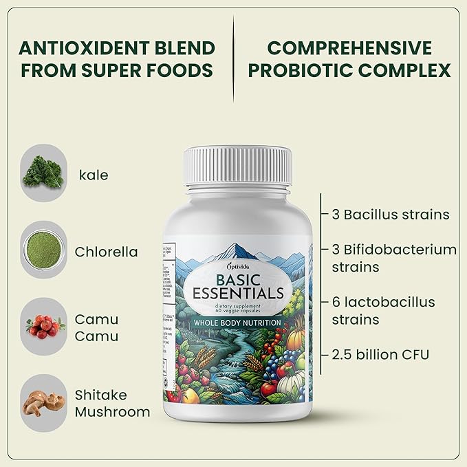 OPTIVIDA Organic Whole Food Multivitamin for Men & Women (1 Month Supply) with Probiotics & Antioxidant Blends | Daily Plant Based Multivitamins | Non-GMO, Whole Food Womens Multivitamin