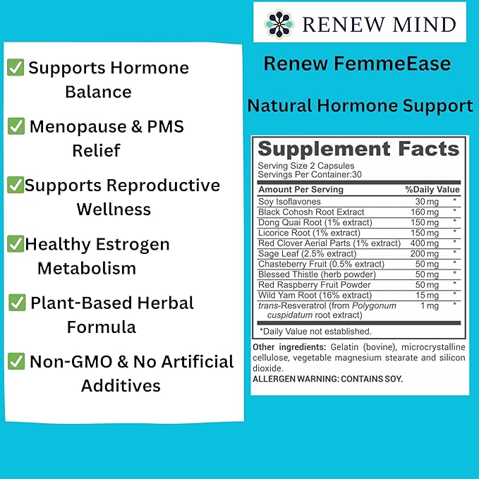 Renew FemmeEase – Hormone Balance Support Supplement for Women | with Black Cohosh, Dong Quai, Chasteberry & Wild Yam | Halal Certified | 60 Vegan Capsules