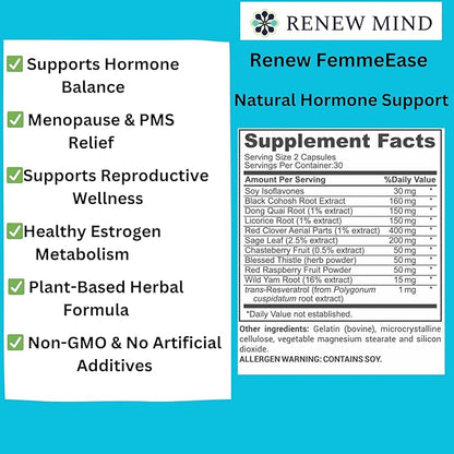 Renew FemmeEase – Hormone Balance Support Supplement for Women | with Black Cohosh, Dong Quai, Chasteberry & Wild Yam | Halal Certified | 60 Vegan Capsules