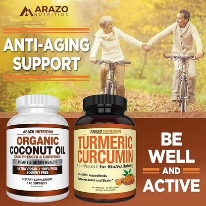 Arazo Nutrition Organic Coconut Oil 2000 MG - 100% Extra Virgin Unrefined Cold Pressed for Weight Support, Skin, Hair, Nails - 120 Softgel Capsules