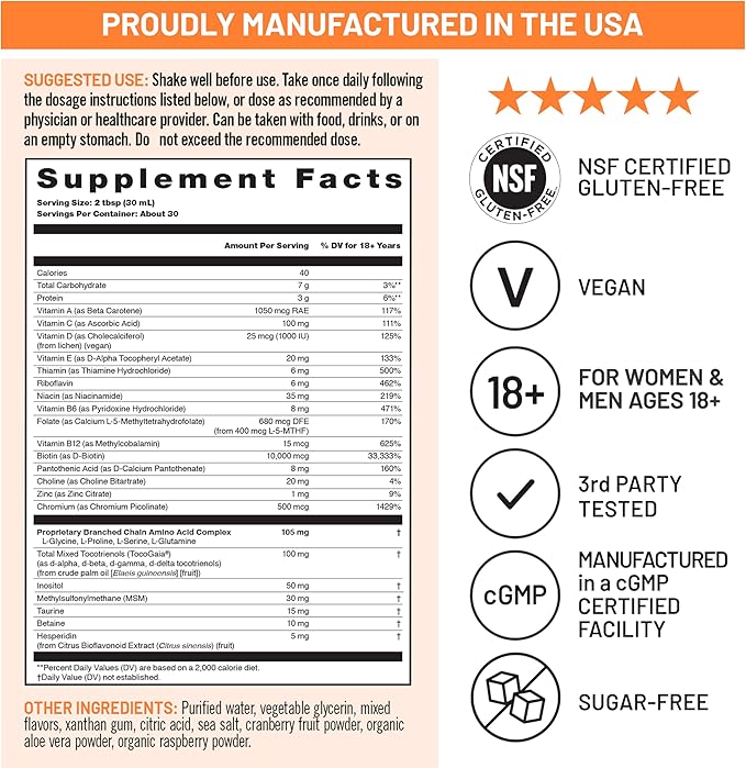 NatureWise Liquid Multivitamin Hair Growth for Women & Men + Clinically Proven Tocogaia®, Biotin, Vitamin D, E, B - Sugar Free Multivitamin for Hair Growth & Skin Elasticity - 30 fl oz[30 Servings]