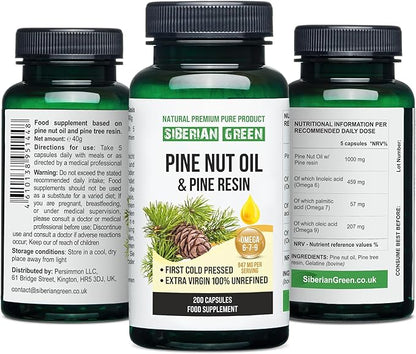 Pine Nut Oil w/Pine Resin Capsules 200 Softgels Wild Harvested Siberia Altai Cold Pressed Unrefined