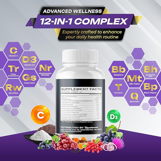 Trans-Resveratrol Grape Seed Nicotinamide Riboside Blueberry Quercetin Turmeric Milk Thistle Berberine - Healthy Aging - 150 Capsules- Made in USA