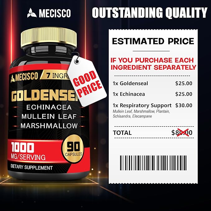 Goldenseal Root Capsule Organic with Echinacea, Mullein Leaf, Plantain & More - 90 Veggie Capsules - 7in1 Supports Immune System, Digestive Health, Smooth Breathing, and Body Management