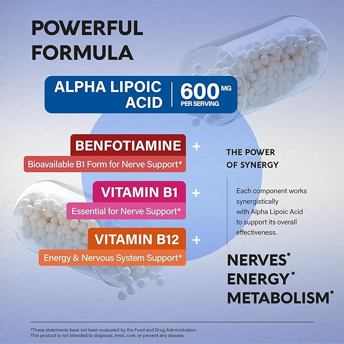 Alpha Lipoic Acid 600mg - ALA Supplement Antioxidant for Nerve, Energy & Metabolism Support - Extra Strength with Benfotiamine, Vitamins B1 & B12 - Lab Tested, NON-GMO & Vegan - 120 Capsules, 2 Month