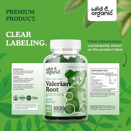 Wild & Organic Valerian Root Gummies 1800mg - Mood Support w/Valerian Root Extract - Calming Gummies for Relaxation - 60 Vegan, Non-GMO Powder Based Chews