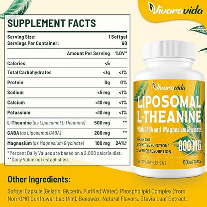 L-Theanine 800mg Supplement with GABA and Magnesium Glycinate - Natural Compound, Sleep and Relaxation (60 Softgels)