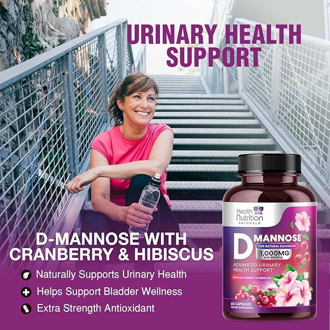 D-Mannose with Cranberry, Hibiscus & Dandelion 1350mg Advanced Formula – Urinary Tract Support Supplement for Women & Men – Flush & Cleanse Impurities – Non-GMO, Vegan for Women & Men – 60 Capsules