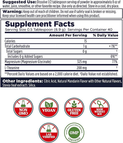 KAL Mood Magnesium Powder with L-Theanine - Mandarin Flavor Magnesium Supplement - Relaxation Support, High Absorption, No Added Sugar, Vegan, Gluten Free, Made Without Soy - 40 Servings, 9.8 oz