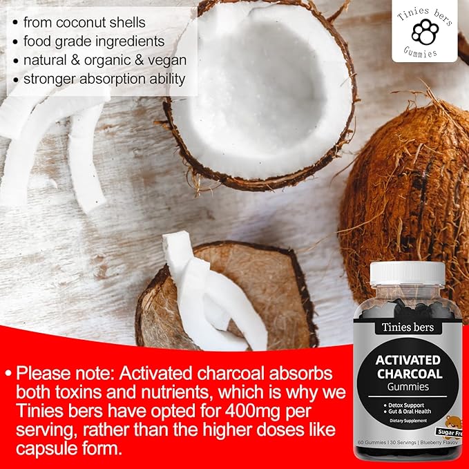 Activated Charcoal Gummies Sugar Free, 400mg Charcoal Supplements from Coconut, Quicker to Cleanse, Detox, Gas Relief, Gut & Oral Health for Adults & Kids, Gluten Free, Non GMO, Vegan, Pectin, 60