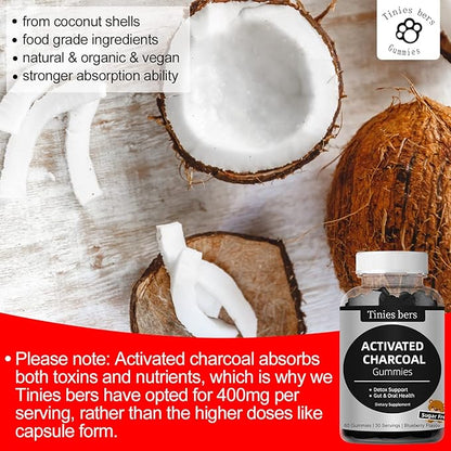 Activated Charcoal Gummies Sugar Free, 400mg Charcoal Supplements from Coconut, Quicker to Cleanse, Detox, Gas Relief, Gut & Oral Health for Adults & Kids, Gluten Free, Non GMO, Vegan, Pectin, 60