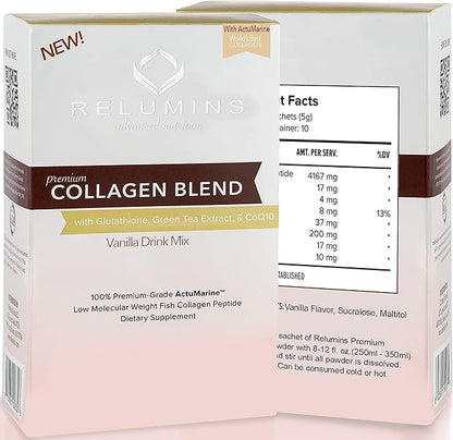 Relumins Marine Collagen Powder Drink Mix - Collagen Peptide with Glutathione, Green Tea, CoQ10, & Hyaluronic Acid Boosts Smooth Glowing Skin - 20 Powder Sachets x Vanilla Flavored + 2 Free Sachets