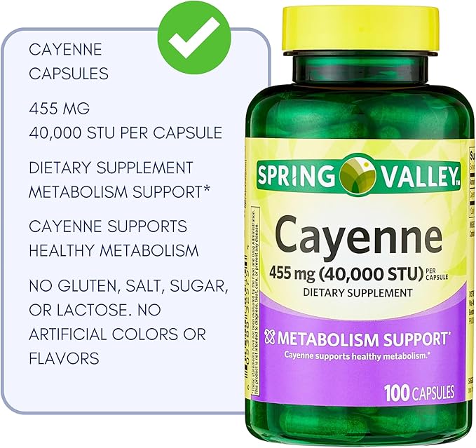 Spring Valley Cayenne Capsules 455 mg (Cayenne Fruit - 40,000 STU), Dietary Supplement, Herbal Support, 100 Count (Pack of 1)