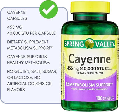 Spring Valley Cayenne Capsules 455 mg (Cayenne Fruit - 40,000 STU), Dietary Supplement, Herbal Support, 100 Count (Pack of 1)