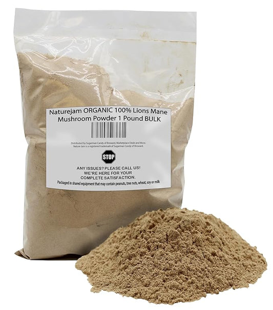 Naturejam Organic Lions Mane Mushroom Powder 1 Pound Bulk-Premium Culinary Grade for Smoothies, Latte and Baking-A Great Coffee Substitute 150-200 Servings