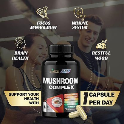 Cadane Mushroom Complex Supplements - 19in1 Concentrated with Lions Mane, Cordyceps Sinensis, Reishi, Turkey Tail Mushroom, Maitake, Chaga, Shiitake, Enoki & More - 120 Caps for 4 Months Supply