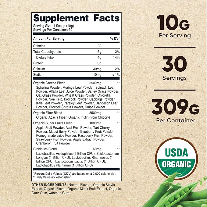 Nutricost Organic Super Greens Powder (30 Servings) - Superfood Supplement Drink Mix (30 Servings, No Flavor Added)