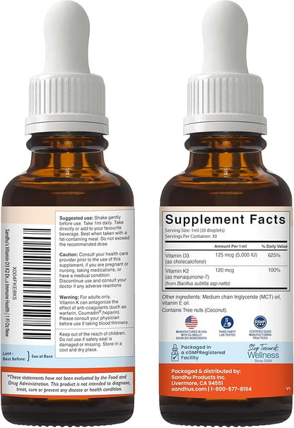 Sandhu's Vitamin d Drops for Adults | 5000 IU D3 Liquid, 120mcg K2 Supplement | D3K2 Supports Immune & Bone Health | Vitamin D3 K2 Drops for Faster Absorption | 1 Fl Oz