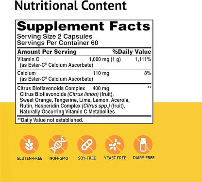 American Health Ester-C with Citrus Bioflavonoids Capsules - 24-Hour Immune Support, Gentle On Stomach, Non-Acidic Vitamin C - Non-GMO, Gluten-Free - 500 mg, 60 Count, 30 Servings