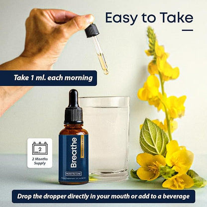 BREATHE 8-IN-1 Mullein Drops for Lungs & Airways (2 fl. oz.): Peppermint, Thyme, & Mullein Leaf Extract for Lungs Detox for Smokers - Break up Mucus & Breathe Clear - GMO-Free & Made in USA