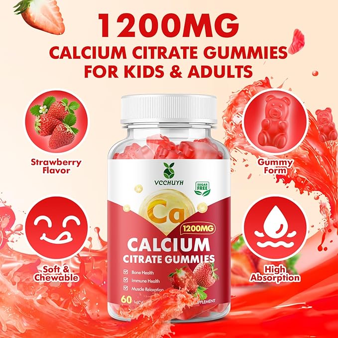 Calcium Citrate Gummies 1200mg, Chewable Calcium Supplements for Women & Men, Sugar Free Calcium Gummies for Bone, Muscle & Immune Support, Strawberry Flavor 120 Count