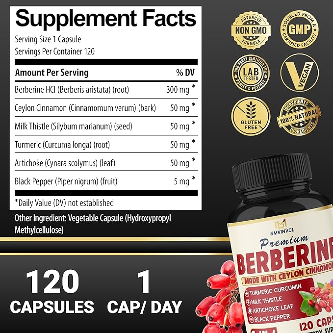 BMVINVOL 6in1 Berberine Supplement with Ceylon Cinnamon, Tumeric Root, Milk Thistle, Artichoke, Black Pepper -120 Capsules for 4 Month Supply