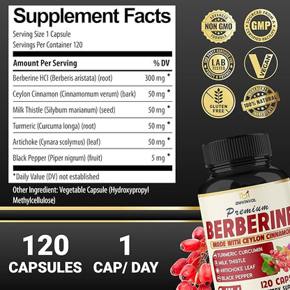 BMVINVOL 6in1 Berberine Supplement with Ceylon Cinnamon, Tumeric Root, Milk Thistle, Artichoke, Black Pepper -120 Capsules for 4 Month Supply