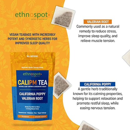 CaliPM Teabags - Natural Sleep Tea with California Poppy & Valerian Root, Herbal Tea for Relaxation & Discomfort Relief, Unsweetened & Vegan, Melatonin-Free, 100% Natural Ingredients - 2 Gram Teabags - 32 Teabags
