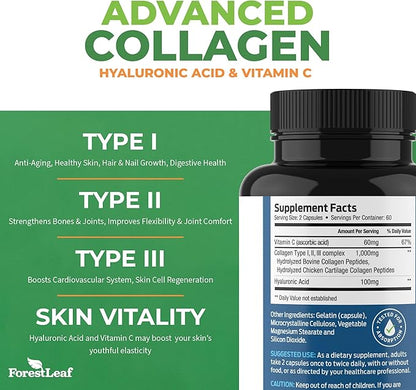 ForestLeaf Multi Collagen Pills with Hyaluronic Acid + Vitamin C | Hydrolyzed Collagen Supplements for Women or Men | Multi Collagen Capsules Peptides for Skin, Wrinkles, 120 Caps